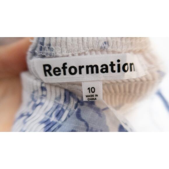 REFORMATION Evianna Linen Blue & White Toile Puff Sleeve Mini Dress US 10 NWT - Picture 14 of 14